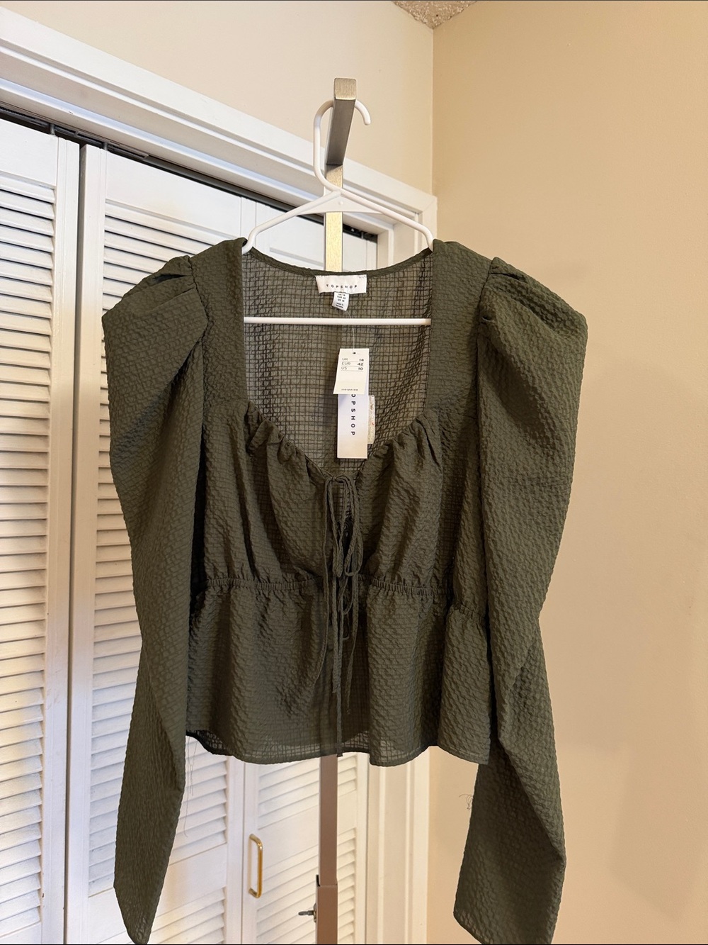 Top shop olive textured peasant blouse with tie-front